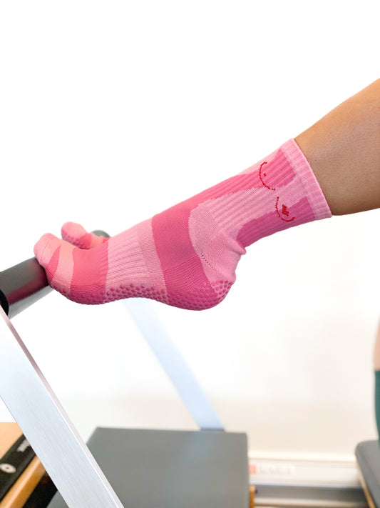 Pink Flow Peppy, New Zealand made pilates and yoga socks for Breast Cancer Awareness.
